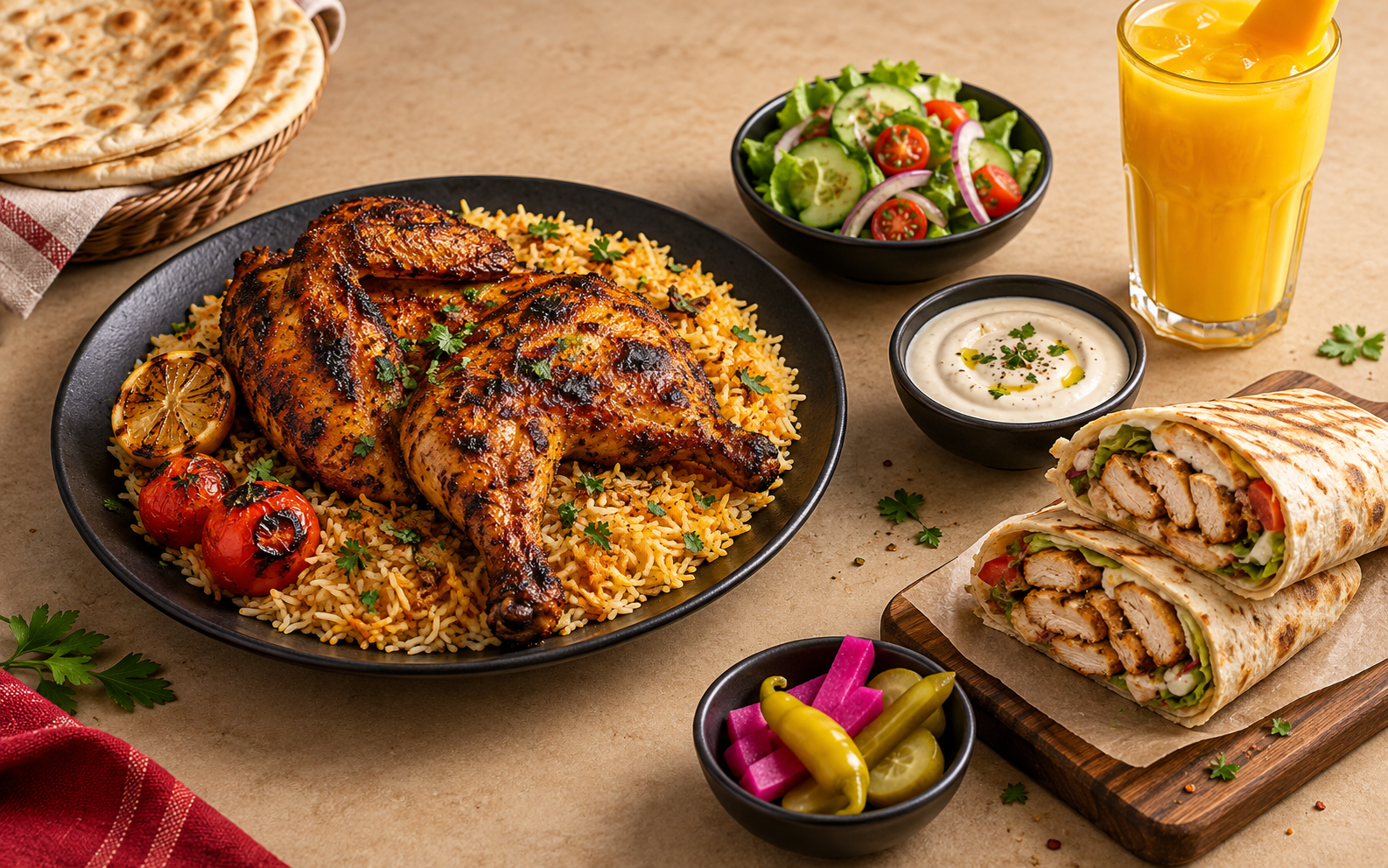 Editorial illustration of grilled chicken, rice, a wrap, salad and mango juice